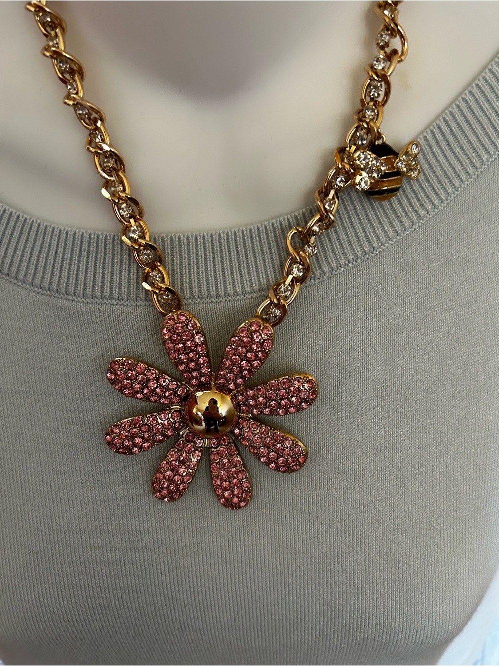 Betsy Johnson Gold-Tone Pink Crystal Daisy Pendant Necklace
